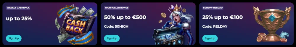 HighFly promotional offers including weekly cashback, highroller bonus, and Sunday reloads.